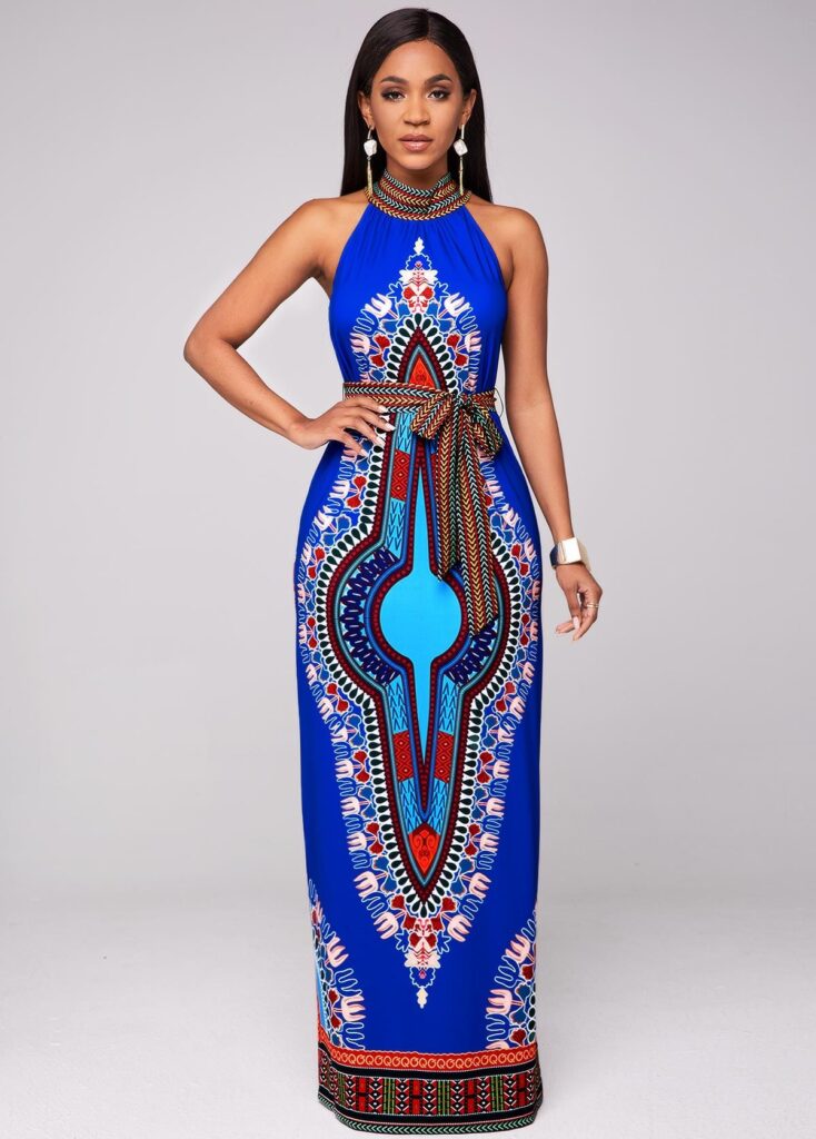 Belted Dashiki Print Bib Neck Maxi Dress - I Wear African Marketplace