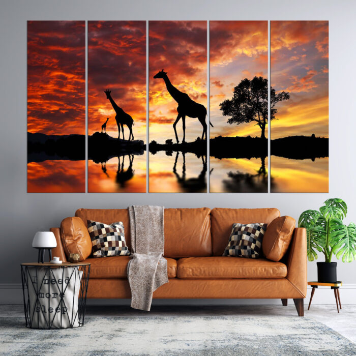 African Safari Giraffe Silhouette Wall Art Canvas Print. Sunset Animal Art, Wildlife -Giclee Art For Home Decor, Wall Interior Design
