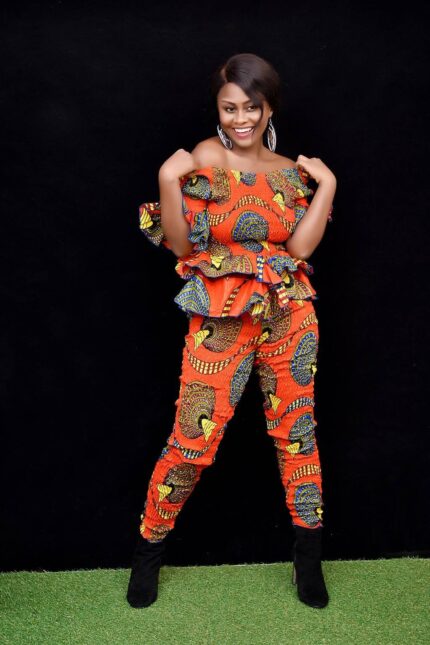 African Print Peplum Top With Matching Ankara Pants For Women, Orange Clothing