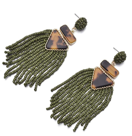 Nicole Miller New York Green Beaded Tassel Drop Leopard Print Triangle Dangle Earrings