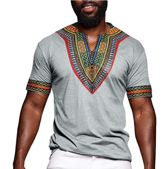 African T-Shirt for Men's Dashiki Tribal Floral Print V Neck Slim Fit  Shirts Tops Short Sleeve Beach Summer Tops 