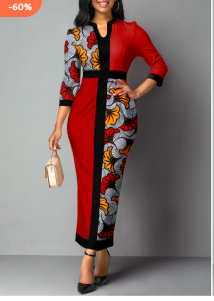African Tribal Print Patchwork Red Maxi Dress