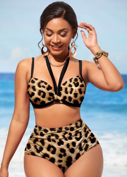 High Waist Brown Leopard Bikini Set