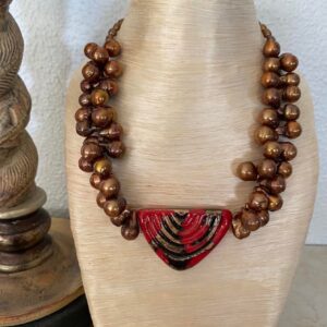 Golden Pearls with Red & Brown Kazuri Pendant