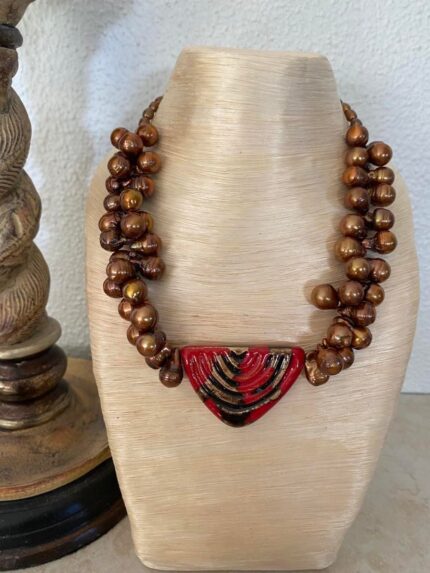 Golden Pearls with Red & Brown Kazuri Pendant