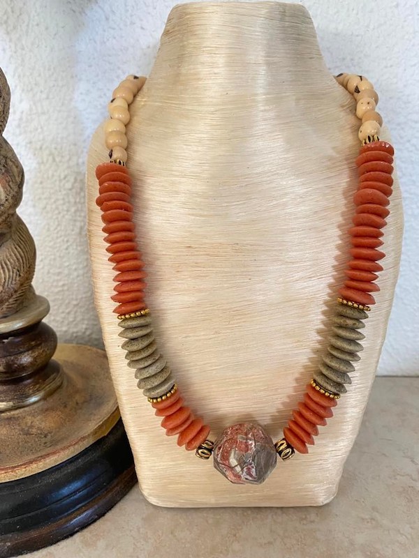 Orange and Tan Ashanti Necklace with Gemstone