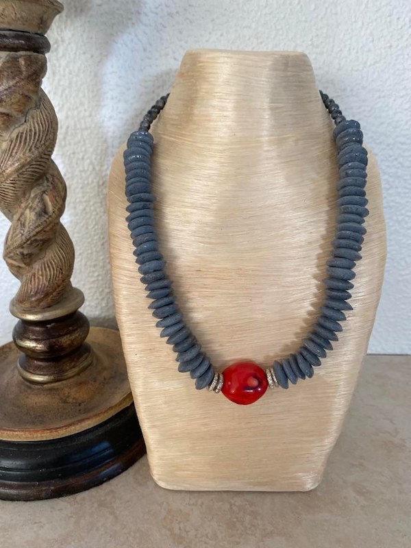 Gray Ashanti and Red Coral Necklace
