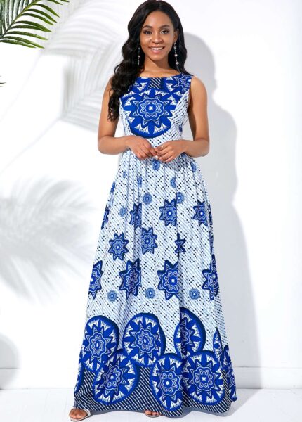 Blue Floral Sleeveless Summer Dress