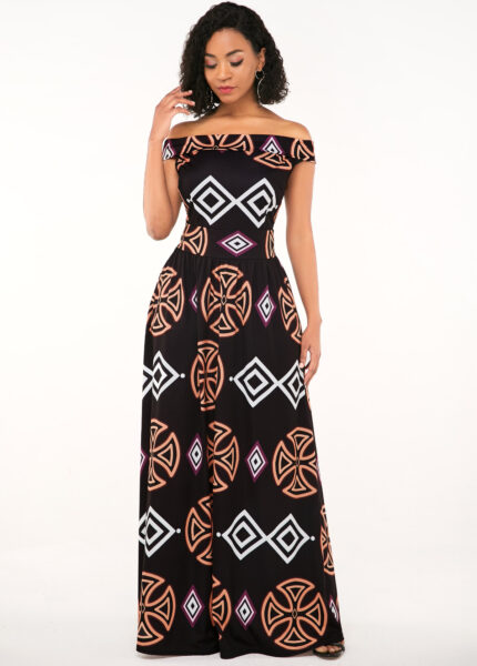 African Print Off Shoulder Maxi Dress