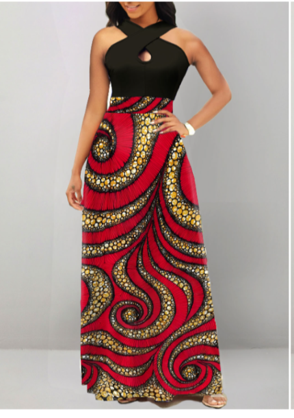 African Tribal Print Cut Out Black Maxi Dress